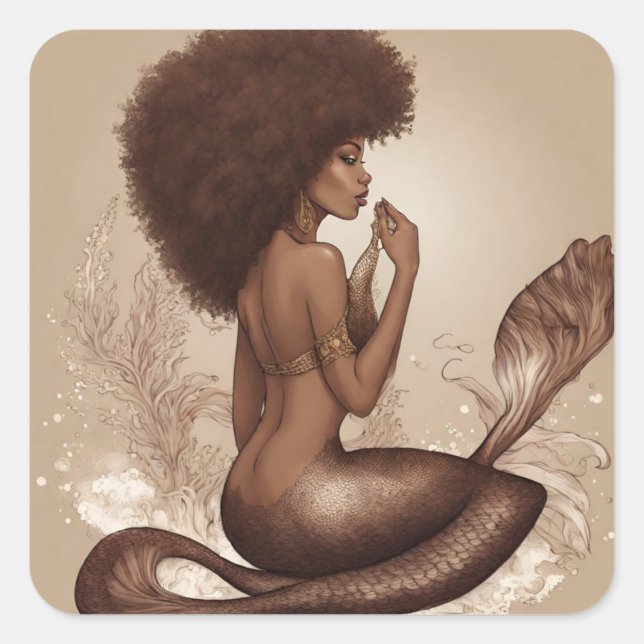 Sticker Carré Imprimer Brown Sirène Afro Art (Devant)