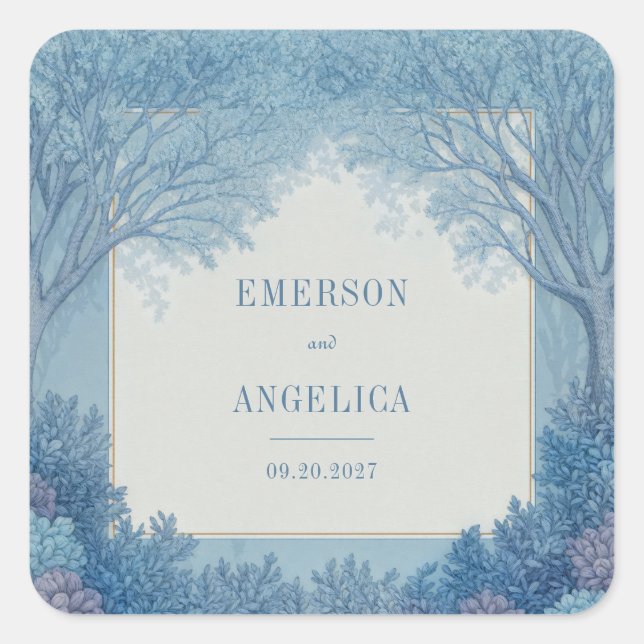Sticker Carré Indigo Ink Etched Woodland Frame Wedding (Devant)