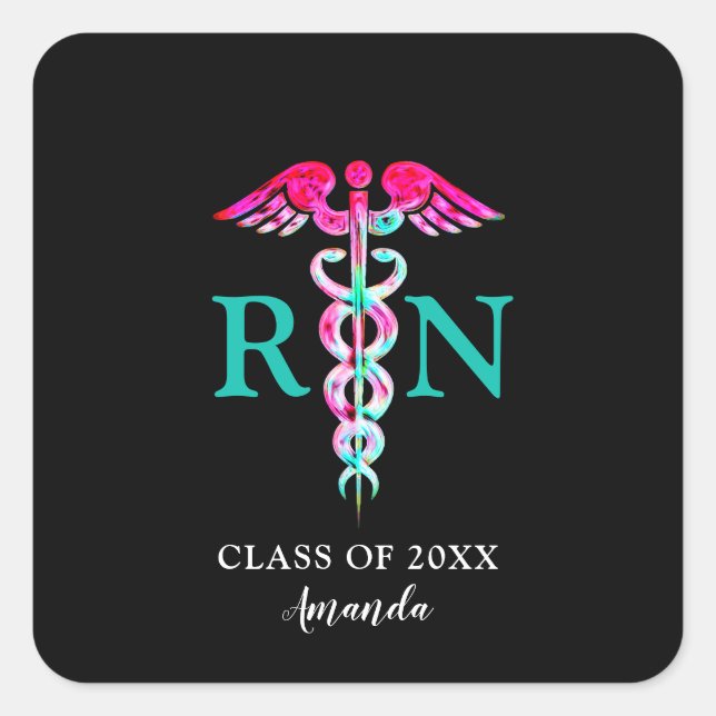 Sticker Carré Infirmière inscrite Diplôme Pink Turquoise Caduceu (Devant)
