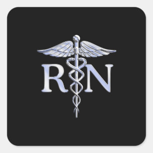 Sticker Carré Infirmière inscrite RN Silver Caduceus en noir