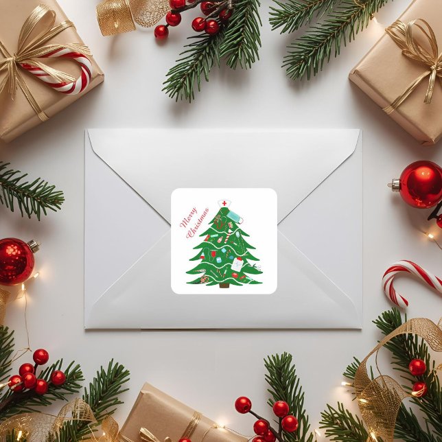 Sticker Carré Infirmière Joyeux Arbre de Noël (Créateur téléchargé)