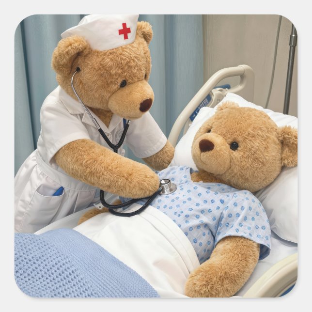 Sticker Carré Infirmière ourson avec un stéthoscope  (Devant)
