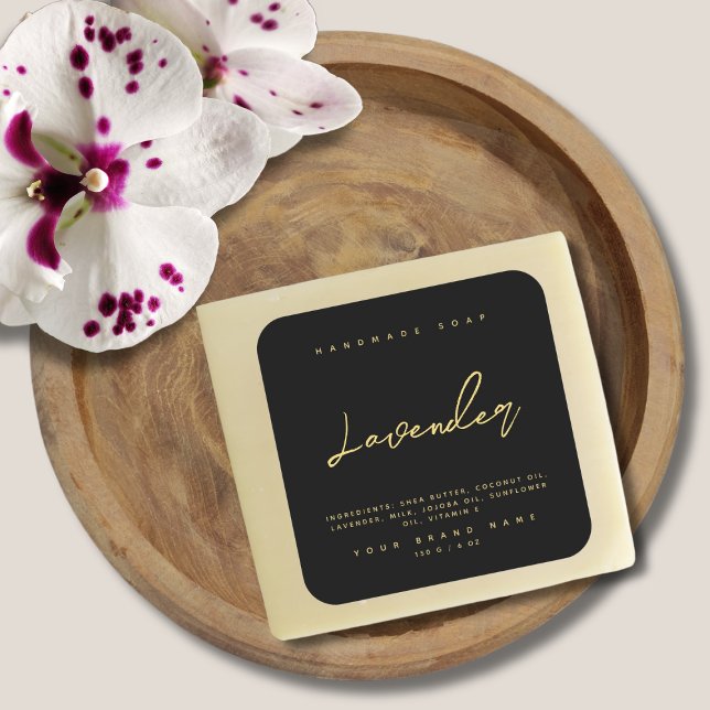 Sticker Carré Ingrédients de savon fait main moderne en or noir (Créateur téléchargé)