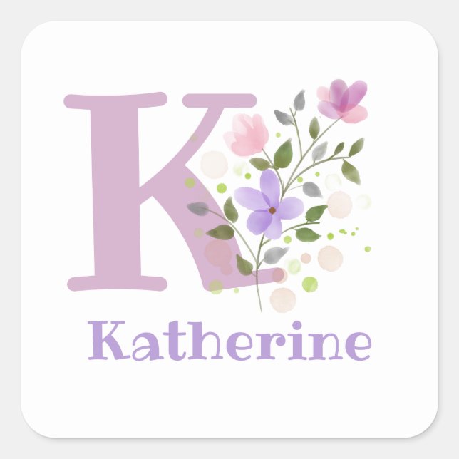 Sticker Carré Initial Plus Nom Katherine & Flowers Design (Devant)