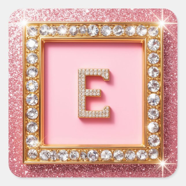 Sticker Carré Initiale Diamant E Cadre Doré Fond Pailleté Rose M (Devant)