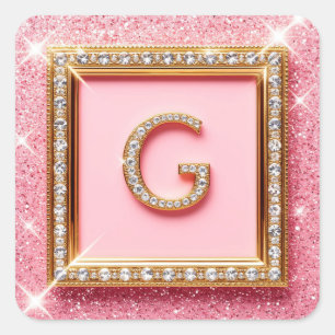 Sticker Carré Initiale Diamant G Cadre Or Paillettes Roses Monog