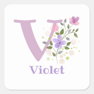 Sticker Carré Initiale Plus Nom Violet & Fleurs Design