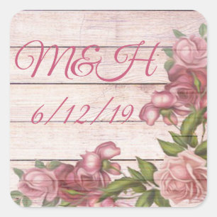 Sticker Carré Initiales et Mariage Date Vintage Rose et bois