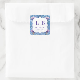 Sticker Carré Initiales Florales Bleues Élégantes