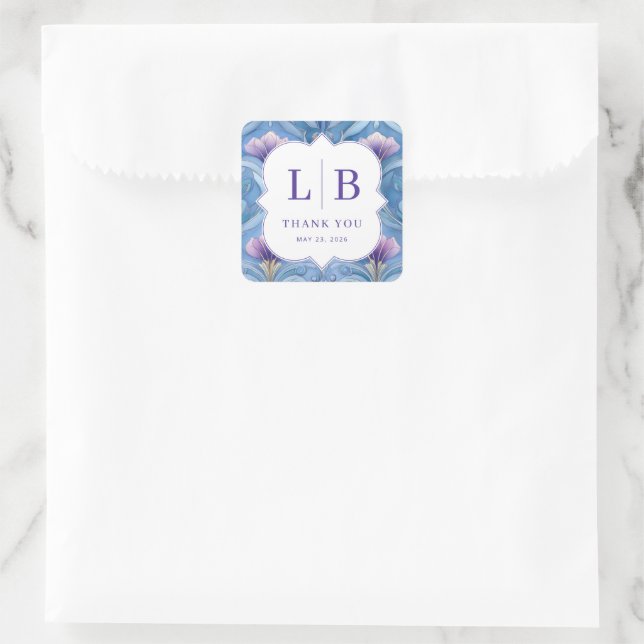 Sticker Carré Initiales Florales Bleues Élégantes (Sac)