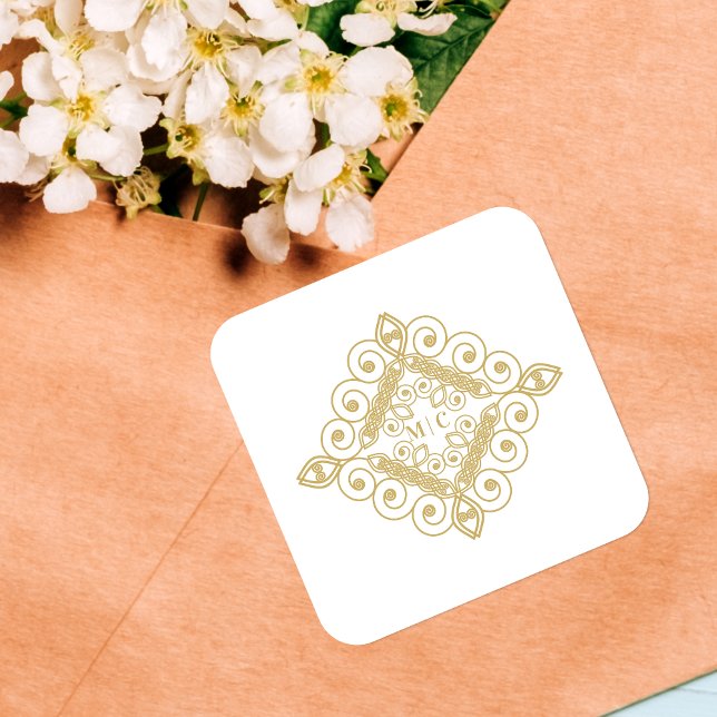 Sticker Carré Initials White & Gold Sophisticated Swirly (White & Fake Gold Elegant Sophisticated Fake Lace Swirly Ornament with Initials Square Sticker.)