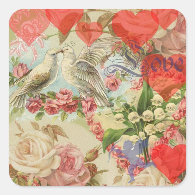 Sticker Carré Inséparables Coeur antique Vintage (Devant)