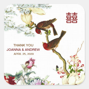 Sticker Carré Inséparables et fleurs Merci Mariage chinois ©
