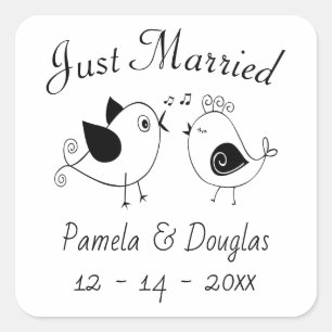 Sticker Carré Inséparables Noir Blanc Mariés Oiseaux de Mariage