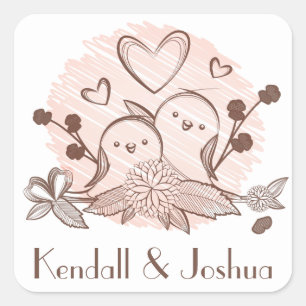 Sticker Carré Inséparables Rose Et Brun Mariage Personnalisé