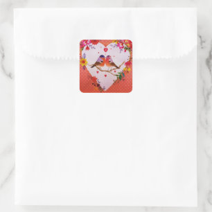 Sticker Carré Inséparables roses d'hiver Pois floraux