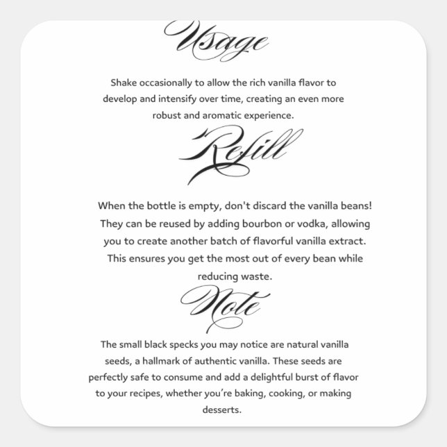 Sticker Carré Instructions d'utilisation de l'extrait de vanille (Devant)
