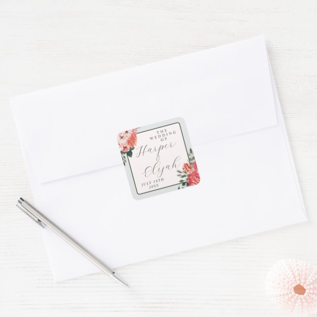 Sticker Carré Intemporel Floral Blush Red Green Classic Mariage (Enveloppe)