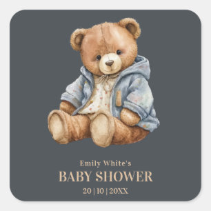 Sticker Carré Invitation à la baby shower Ours en Peluche, Vivem