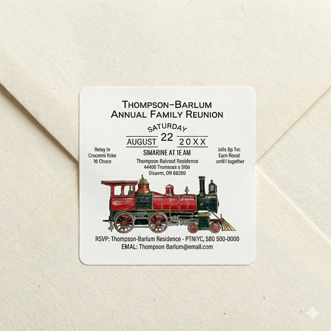 Sticker Carré Invitation à la réunion de la famille du train rou (Red Train Family Reunion Invitation Square Sticker)