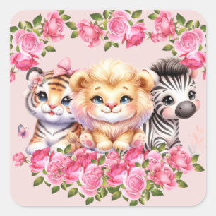 Sticker Carré Invitation Baby shower de la fille animale rose