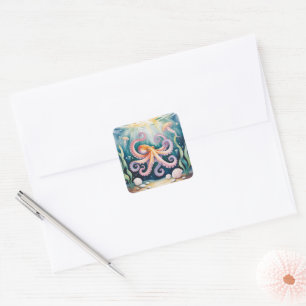 Sticker Carré Invitation d'anniversaire pour enfants Pieuvre Aqu