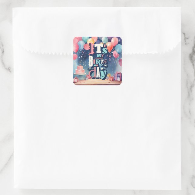 Sticker Carré Invitation de fête d'anniversaire (Sac)
