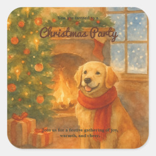 Sticker Carré Invitation de fête de Noël ・ Scène de chien confor