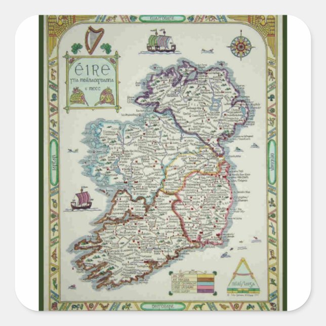 Sticker Carré Ireland Map - Irish Eire Erin Historic Map (Devant)