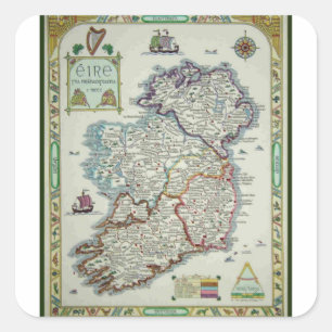 Sticker Carré Ireland Map - Irish Eire Erin Historic Map