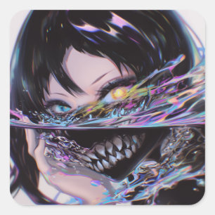 Sticker Carré Iridescente Anime Horreur : Monstre Sourire Liquid