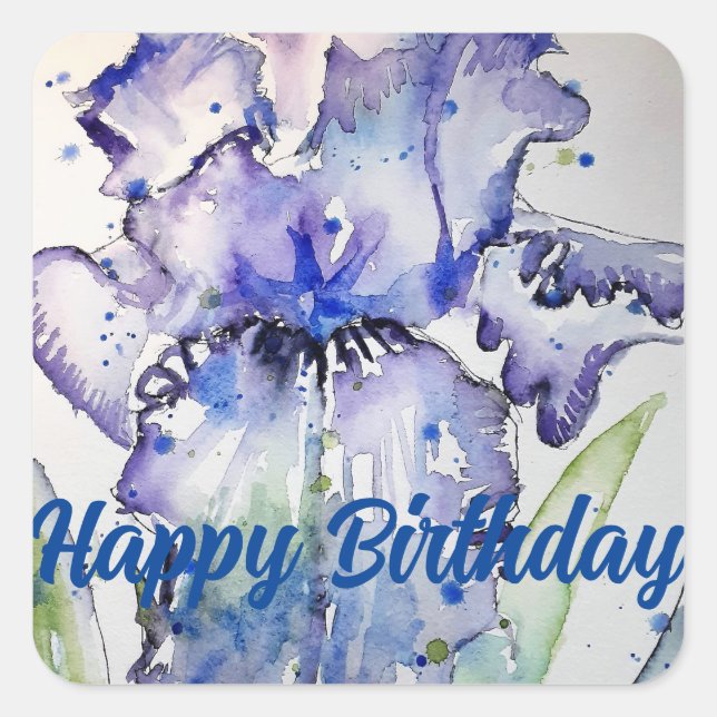 Sticker Carré Iris Irises Fleur violet Floral Bleu Aquarelle (Devant)