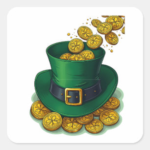 Sticker Carré Irlandais Leprechaun Casquette et pièces d'or
