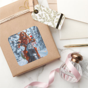 Sticker Carré Irlandais Red Setter Chien chevauchant la moto Noë