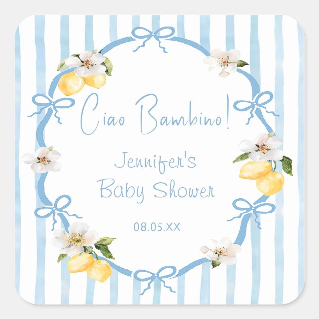 Sticker Carré Italian Hand Drawn Coastal Lemon Baby Shower (Devant)