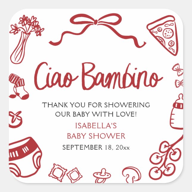 Sticker Carré Italian Hand Drawn Pizza Ciao Bambino Baby Shower (Devant)