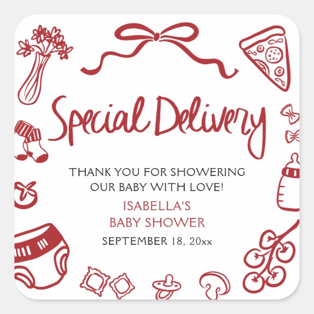 Sticker Carré Italian Hand Drawn Special Delivery Baby Shower (Devant)