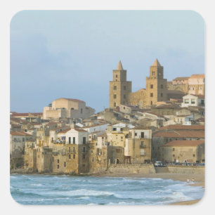 Sticker Carré Italie, Sicile, Cefalu, Vue avec Duomo depuis 2