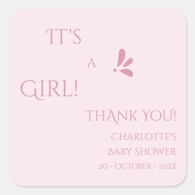 Sticker Carré It's A Girl! Minimalism Pastel Pink Baby Shower (Devant)