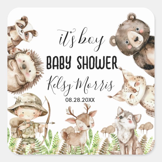 Sticker Carré its boy Rustic Woodland Baby Shower Invite (Devant)