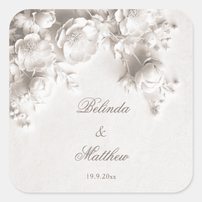 Sticker Carré Ivory 3D Roses Florales | Mariage (Devant)