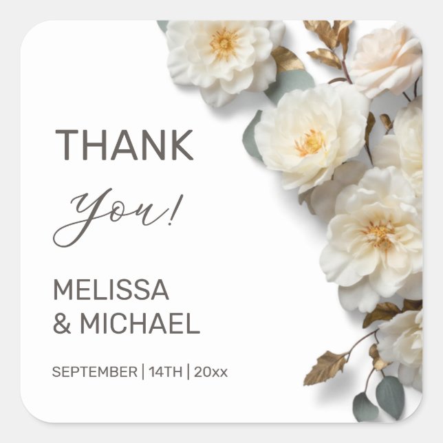Sticker Carré Ivory 3D Roses Wedding Thank You (Devant)