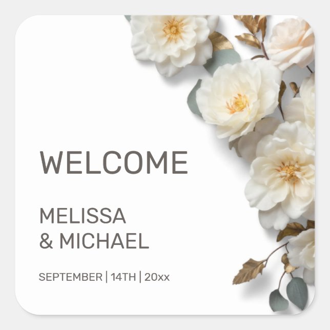 Sticker Carré Ivory 3D Roses Wedding Welcome (Devant)