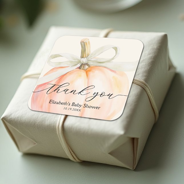 Sticker Carré Ivory Bow Petit Baby shower Citrouille (Ivory ribbon and bow little pumpkin baby shower square stickers)