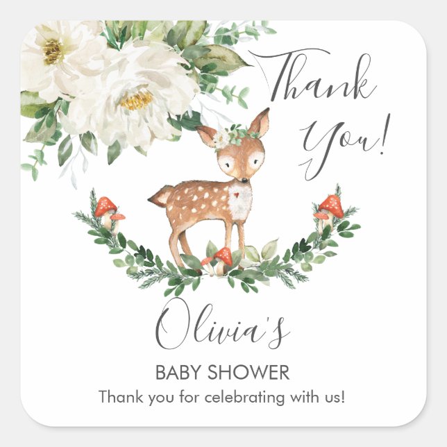 Sticker Carré Ivory Floral Deer Fawn Baby shower Anniversaire Fa (Devant)