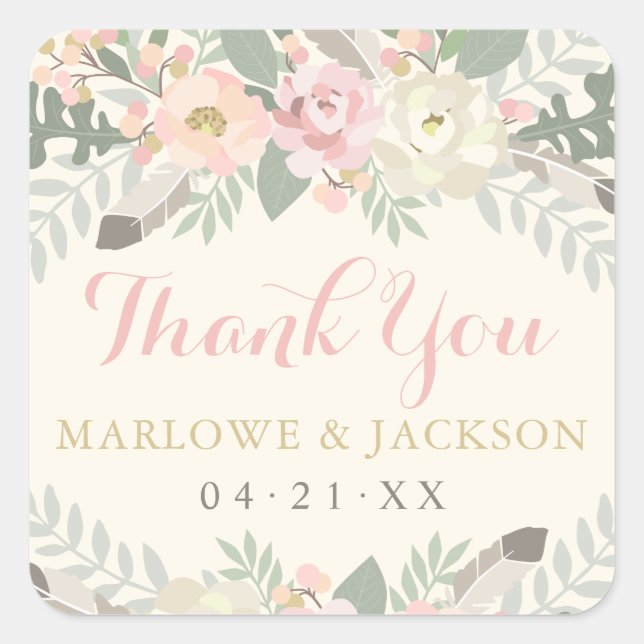 Sticker Carré Ivory Pink Or Floral Boho Merci Monogramme (Devant)