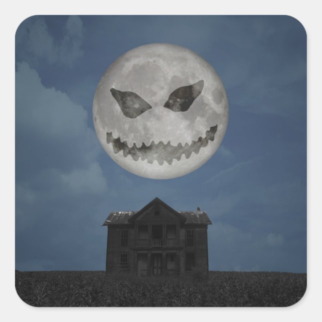 Sticker Carré Jack-o'-lantern effrayant Lune d'Halloween (Devant)