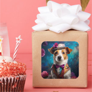 Sticker Carré Jack Russell, casquette blanc, fleur rose