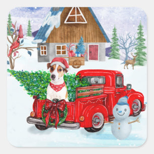 Sticker Carré Jack Russell Chien à Noël Livraison Camion Neige