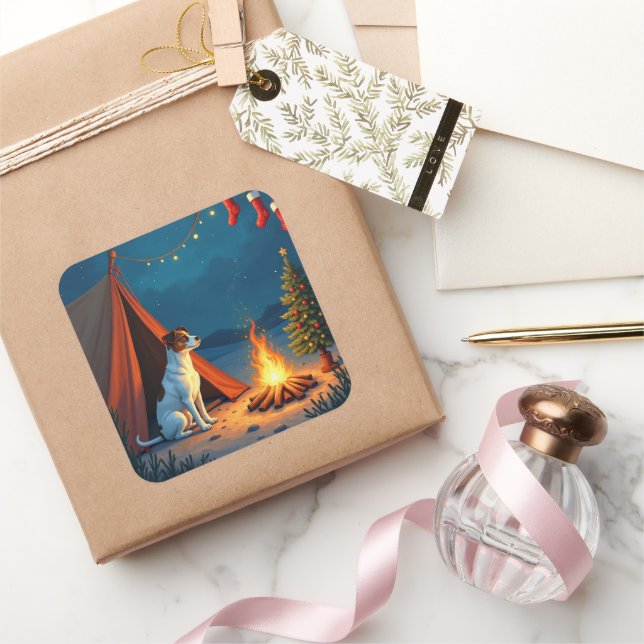 Sticker Carré Jack Russell Christmas Camping Night Painting (Cadeaux)